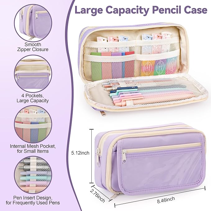 DazSpirit 61 PCS Aesthetic School Supplies with Cute Pen Case, Pastel No Bleed Highlighters, Gel & Erasable Pens, Mechanical Pencils, Refills, Complete Essentials Stationery Kit for Students (Purple)