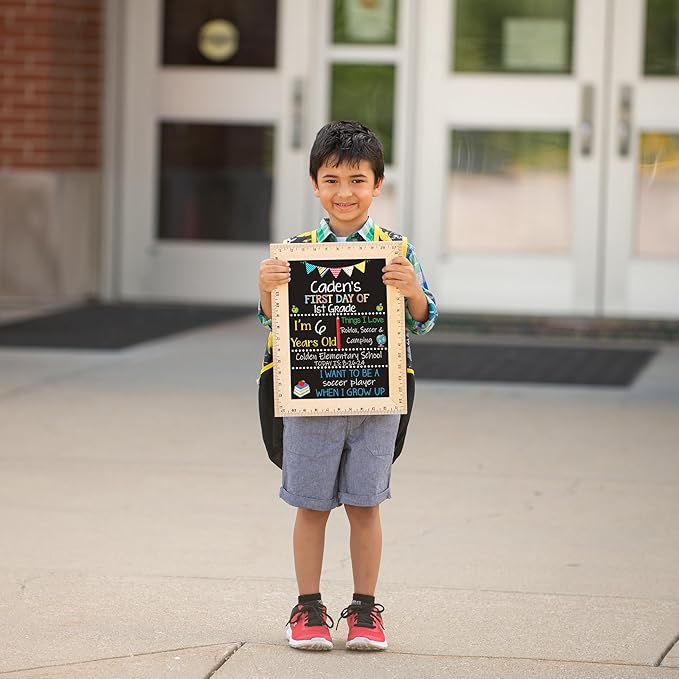Bloom Owl First Day of School Chalkboard Sign - 11.5"x15" Reusable Back to School Photo Prop with Wooden Ruler Frame for Preschool, Kindergarten, and Beyond