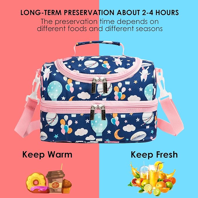 Insulated Kids Dual Compartment Lunch Bags Tote for Girls Boys Toddler Lunch Boxes Pre-School Toddler Kindergarten Picnic Camp Food Cooler Thermal with Strap (Balloon Bunny)