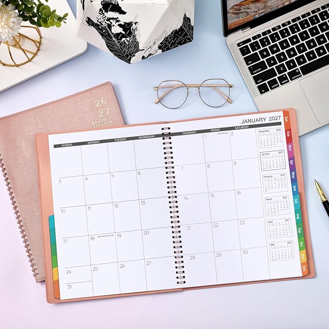 2026-2027 Monthly Planner - 2026-2027 9'' x 11'' Monthly Planner/Calendar from JUL. 2026 - DEC. 2027, 12-Months Calendar Spiral Bound with Soft Leather Cover, 15 Note Pages, Tabs, Inner Pocket