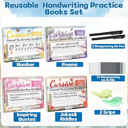 gisgfim 4 Pack Grooved Cursive Handwriting Workbook Kit Magic Reusable Grooved Handwriting Practice with Disappearing Ink Pens Cursive Workbook for Kids Number Poems Jokes & Riddles Inspiring Quotes