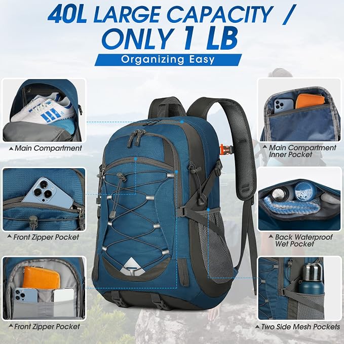 IGOLUMON Hiking Backpack 40L Packable Lightweight Camping Daypack Men Women | Multi-compartment storage Water-resistant Foldable Nylon Material Hiking Day pack for Camping Cycling Outdoor