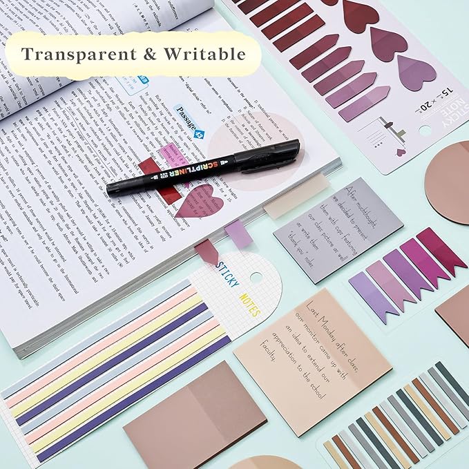 Temiary 1160 Sheets Transparent Sticky Notes with Pen, 3 x 3 Inch Waterproof See Through Clear Sticky Note with Index Tabs Set for Annotating Journaling, Bible Study Book Annotation (Pink & Purple)