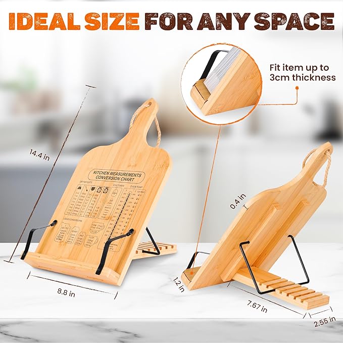 [Upgraded] Adjustable Bamboo Cookbook Stand with 7-Angles, Conversion Chart, Page Grips, Recipe Cookbook Holder for Kitchen Counter, Kitchen Book Stand for Cookbook, Textbook, Tablet, Gift for Women