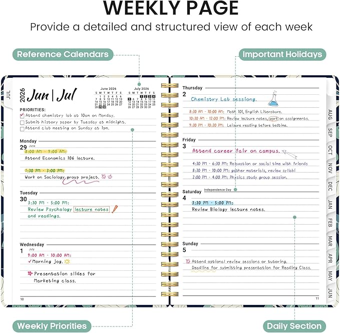 Planner 2026-2027, Academic Monthly and Weekly Calendar Planner for Women, July 2026 - June 2027, Hardcover Pretty Agenda Planner Book with Tabs, Spiral Daily Organizer for School Office Home Supplies, 6.3" x 8.5" - Botanic Berry