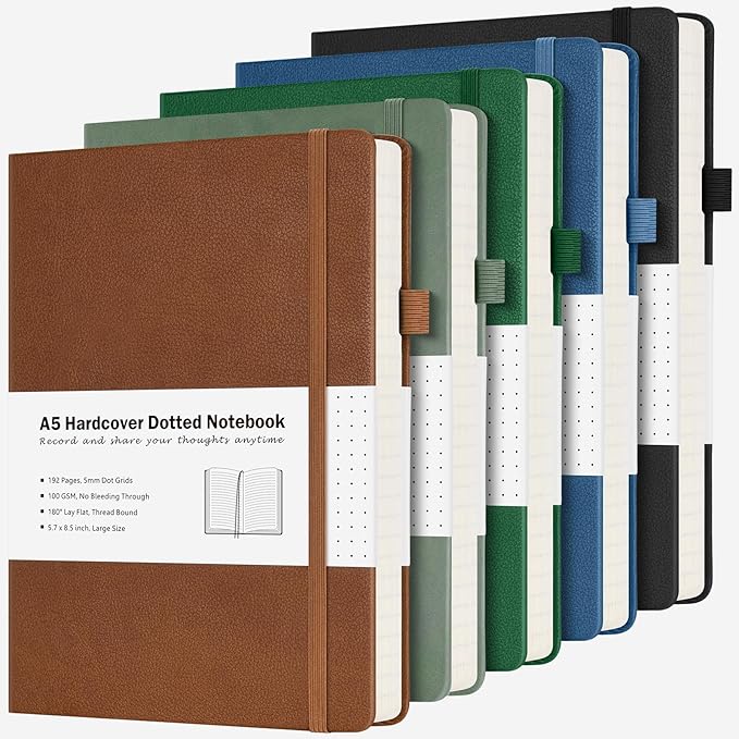 Dotted Journal, 5 Pack Hardcover Notebook, Dot Grid Notebook Journal for Women, Men, Large Leather Journals for Writing, Bullet, No Bleed Thick Paper, A5 Notebooks for Work, School, Notes, 5.7"x8.5"