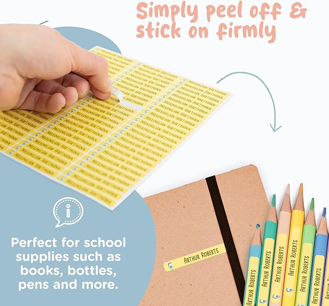 StiKiddo® Personalized Kids Name Labels for Pencils Sand [300pcs] - Name Stickers for School & Daycare - Pencil Waterproof Name Stickers - Children Name Stick On Labels for Pens (2.0”x0.3”)