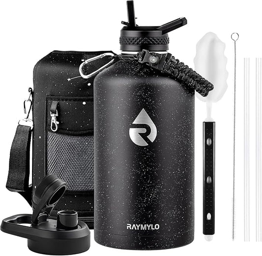 RAYMYLO 128oz Insulated Water Bottle, Triple Wall Vacuum Stainless Steel Water Bottles - Keeps Cold 48H, Reusable One Gallon Flask Jug for Gym, Sports, Camping, Hiking,Travel, Starry Sky-Black