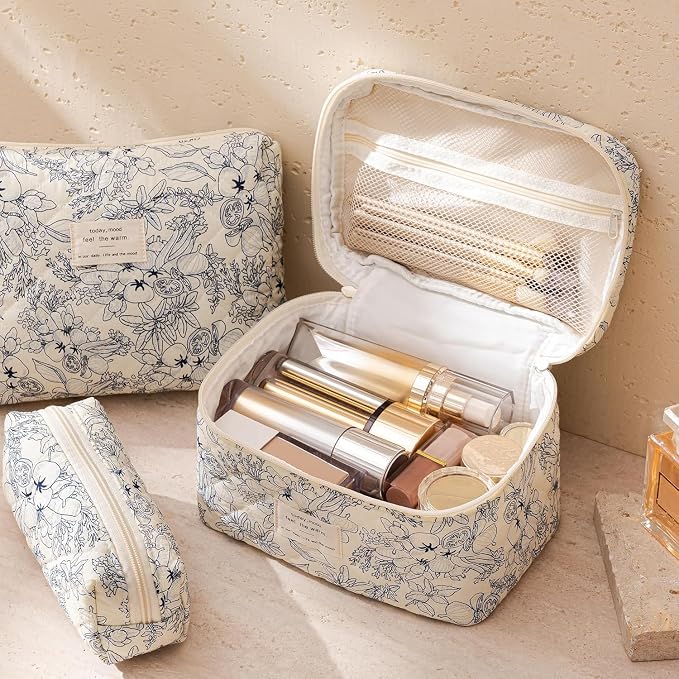 HBselect Quilted Makeup Bag, 3Pcs Cotton Large Travel Makeup Bags Organizer | Cute Floral Make up Bag Cosmetic Bag Toiletry Bag for Women Girls, Makeup Pouch for Skincare, Brushes & Travel Essentials