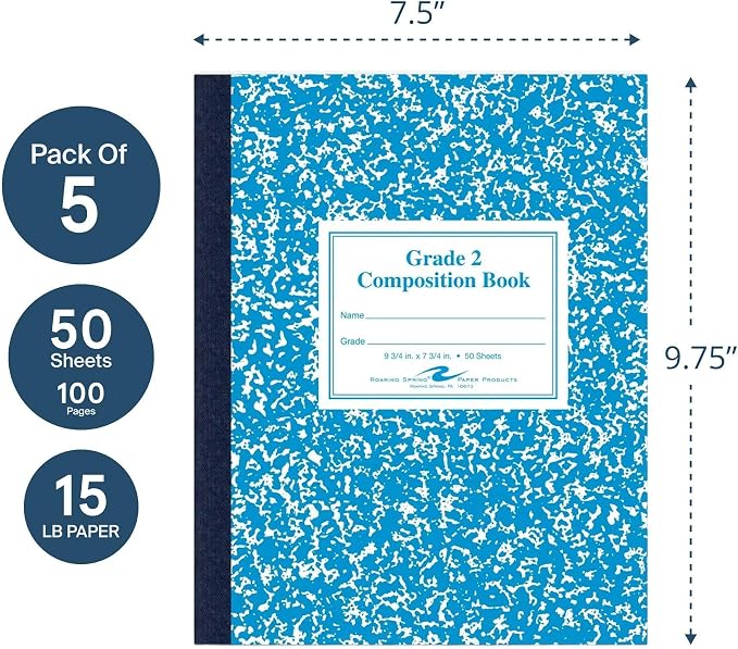 Roaring Spring Composition Notebooks, 5-Pack, Grade 2 Ruled, 50 Sheets 15# White Paper, 9.75"x7.75", Designed for Grade 2 Classes, Practicing Writing & Penmanship, Blue Marble Flexible Cover
