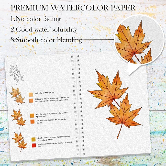 Watercolor Workbook, 4Pcs Beginner Friendly Watercolor Workbook with 48 Patterns, Step by Step Watercolor Workbooks with with 24 Paint Colors & Brush, Water Color Paint Set Valentine's Day Gift