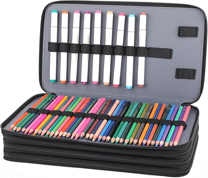 Vomgomfom 300 Slots Marker Bag, 4-Layer Zipper Portable Art Supply Organizer, PU Leather Large Capacity Marker Case Holds 100 Markers or 300 Colored Pencils with Handle (Black Flower)