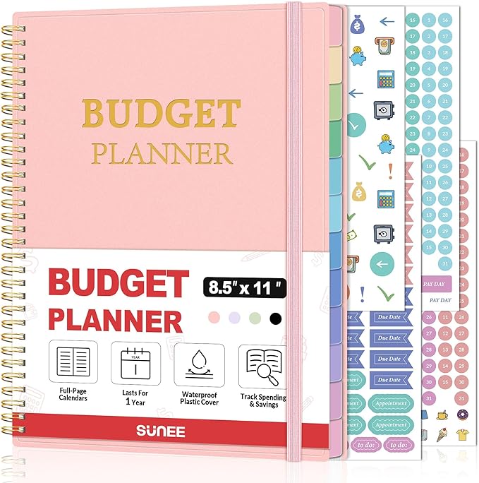 SUNEE Budget Planner - Monthly Budget Book with Expense Tracker Notebook, A4(8.5" x 11") Undated 12 Month Bill Organizer & Finance Planner to Manage Your Money, Account Book with Colorful Tab, Pink