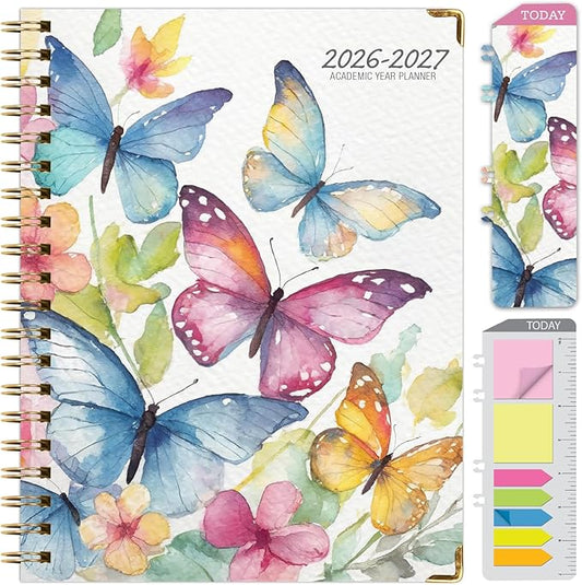 HARDCOVER Academic Year 2026-2027 Planner: 14 Months (May 2026 Through June 2027) 8.5"x 11" Daily Weekly Monthly Planner Yearly Agenda. Bookmark, Pocket Folder and Sticky Note Set (Watercolor Butterflies)