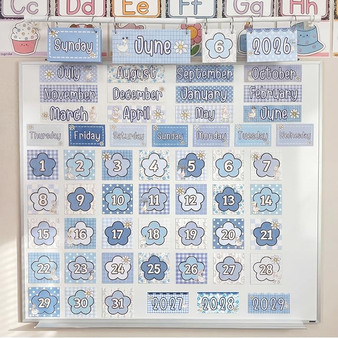 TecUnite Silly Goose Calendar Bulletin Board Set 2026-2029 Blue Silly Goose Flip Calendar for Classroom Decor with Adjustable Holder 54 Date Cards for Preschool Elementary Back to School Supplies