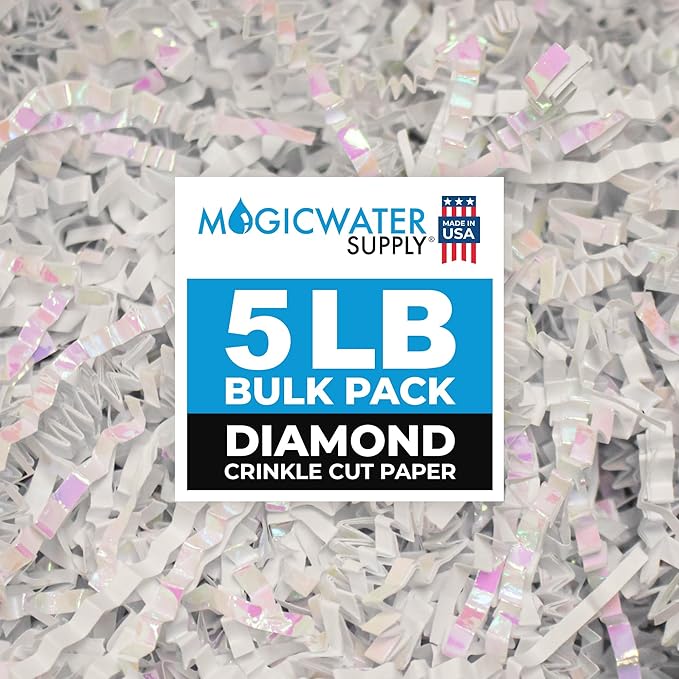 MagicWater Iridescent Crinkle Cut Paper for Gift Baskets - 5LB Diamond White - Perfect for Shredded Paper Filler, Basket Filler, Gift Boxes, Bridesmaid Gifts,Christmas Stuffers & More