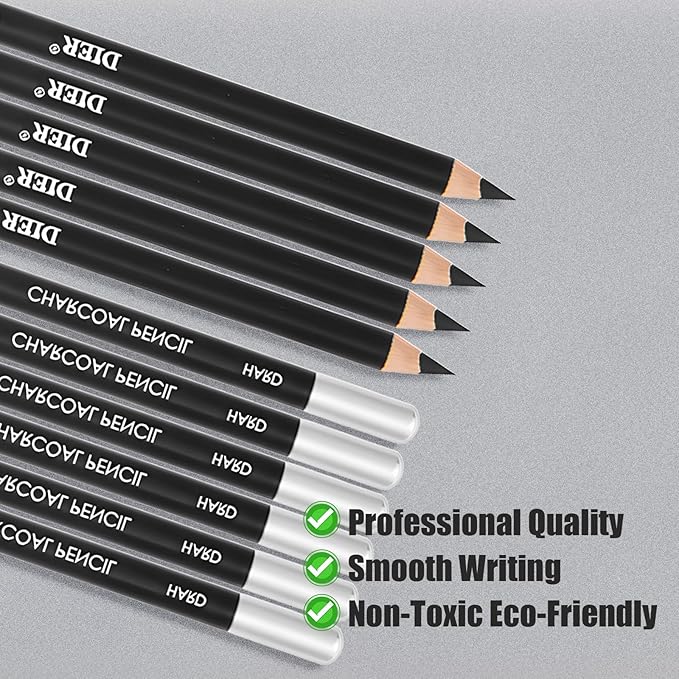 Geyoga 36 Pcs Professional Charcoal Pencils Soft, Medium and Hard for Drawing Charcoal Pencils for Sketching Shading Drawing Blending Portrait(Black, Soft)