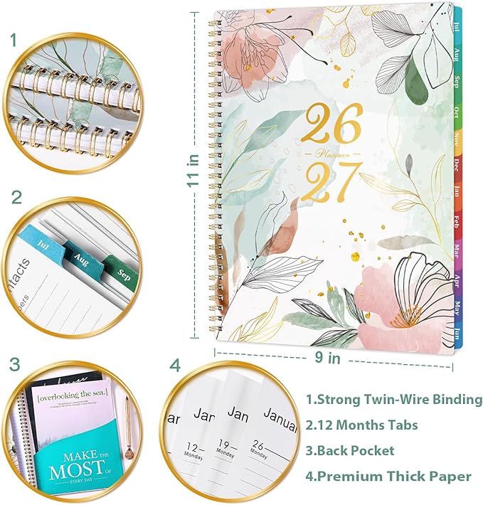 Planner 2026-2027 - Academic Planner 2026-2027, July 2026 - June 2027, 9" x 11", Weekly and Monthly Planner, Calendar Planner 2026-27, Colorful Tabs, Back Pocket, Perfect Daily Organizer - Floral