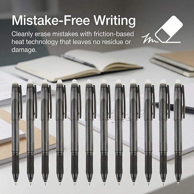 Volcanics Erasable Gel Pens 12 Pack, Soft Black Gel Ink Pens with Caps, 0.7mm Fine Point Erasable Pens for Office, Journaling & Writing
