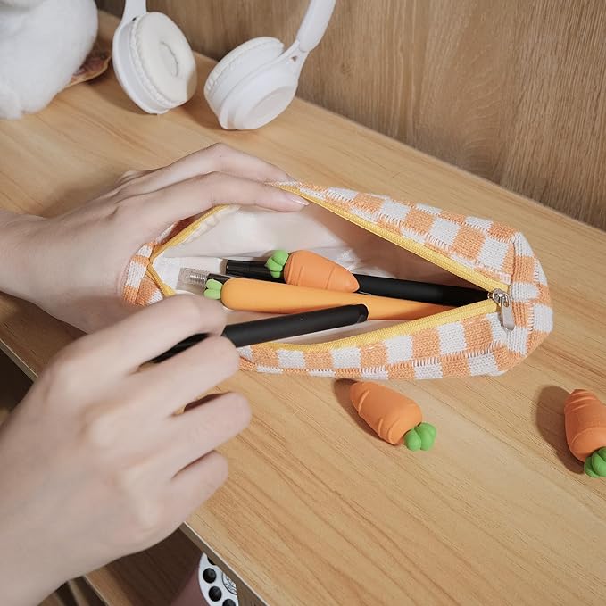 Pencil Case Pen Case Office College School Storage Bag Pouch Holder Box Organizer Makeup Pouch Cosmetic Bag Aesthetic Cute Pencil Case for Girls Boys Kids (Orange + White)