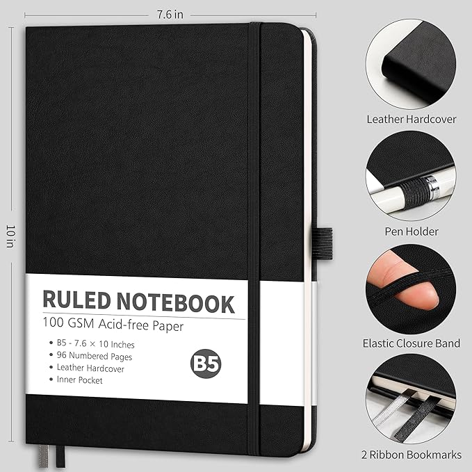 RETTACY Lined Journal Notebook, 96 Numbered Pages, B5 Medium Size (7.6'' x 10''), for Men & Women, Journaling, Writing, Work & Office, Leather Hardcover, 100 GSM Thick Paper (Black)