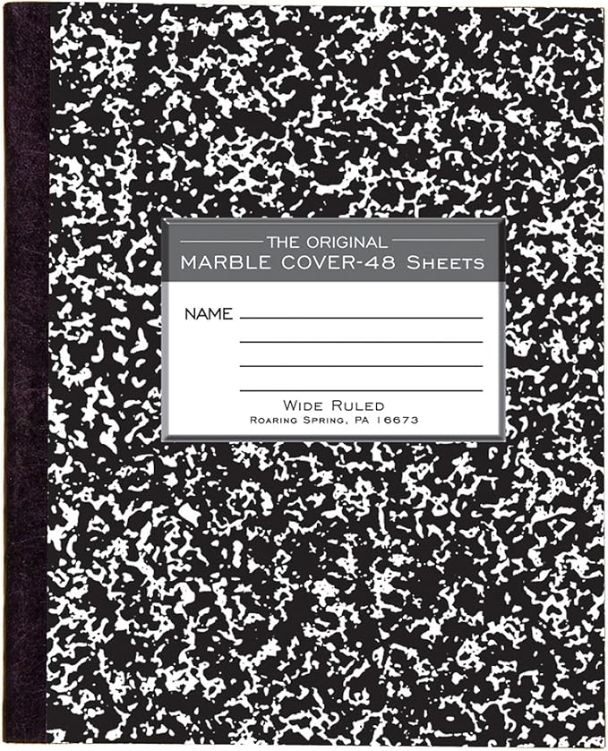 ROARING SPRING Flexible Cover Composition Notebook, 72 Books, Black Marble, Wide Ruled w/Margin, 48 Sheets (96 Pages), 8.5" × 7", Center-Sewn, Made in USA