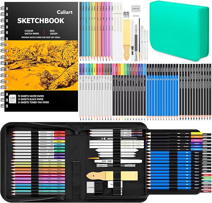 Caliart 176PCS Art Supplies Sketching Kit with 100 Sheets 3-Color Sketch Book, Graphite Colored Charcoal Watercolor & Metallic Pencils, Drawing Supplies Set Gifts for Artists Adults Beginners