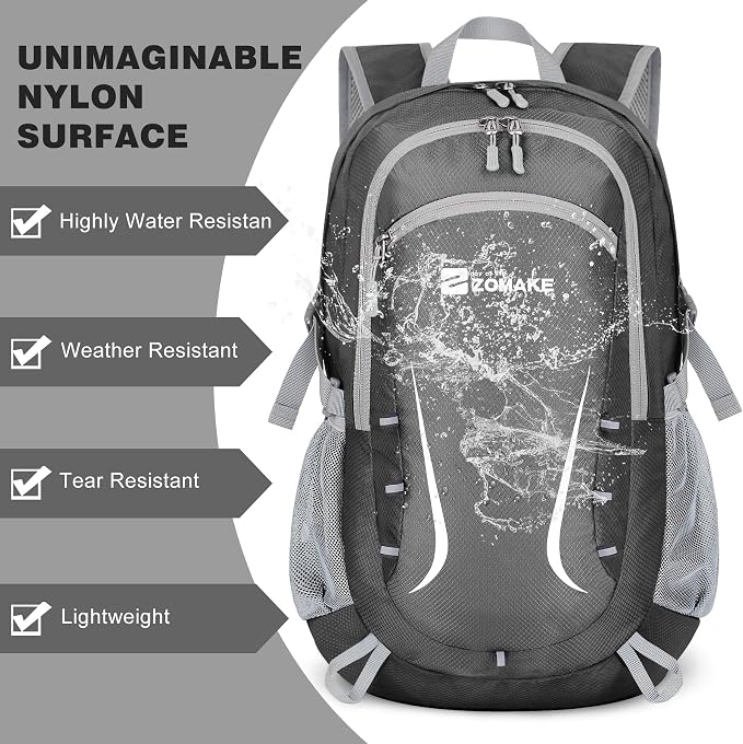 ZOMAKE Lightweight Packable Backpack 35L, Foldable Backpacks Water Resistant Collapsible Light Daypack for Hiking(Medium Grey) | Light Hiking Backpacks Water Resistant Collapsible Day Pack for Travel, Everyday Carry, Multi-Pocket Layout, Heavy Duty Nylon