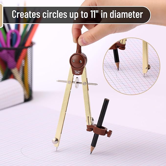 Mr. Pen- Metal Geometry Compass, Center-Wheel Design, Precision Drafting Compass with Pencil for School & Technical Drawing, Draws Circles up to 11 Inches Diameter