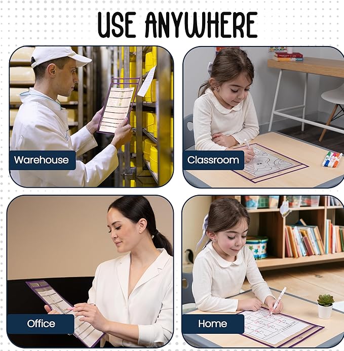 Essex Wares - 6 Pack, Grape, Durable Water-Resistant Dry Erase Pocket Document Protectors, 10" Wide x 13.5" Tall - Dry Erase Clear Plastic Sleeves - Reusable & Easy Erase Plastic Invoice Holders