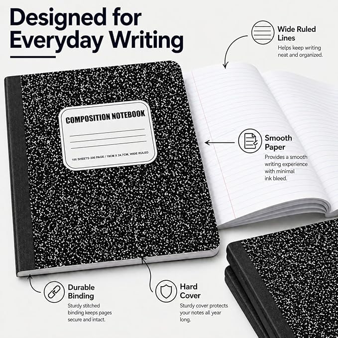CLEENTABLE Composition Notebook 48 Pack, Wide Ruled Paper, Marble Cover Notebooks for School, 9.75 x 7.5 Inches, 100 Sheets (200 Pages), Sewn Binding Comp Books, Black