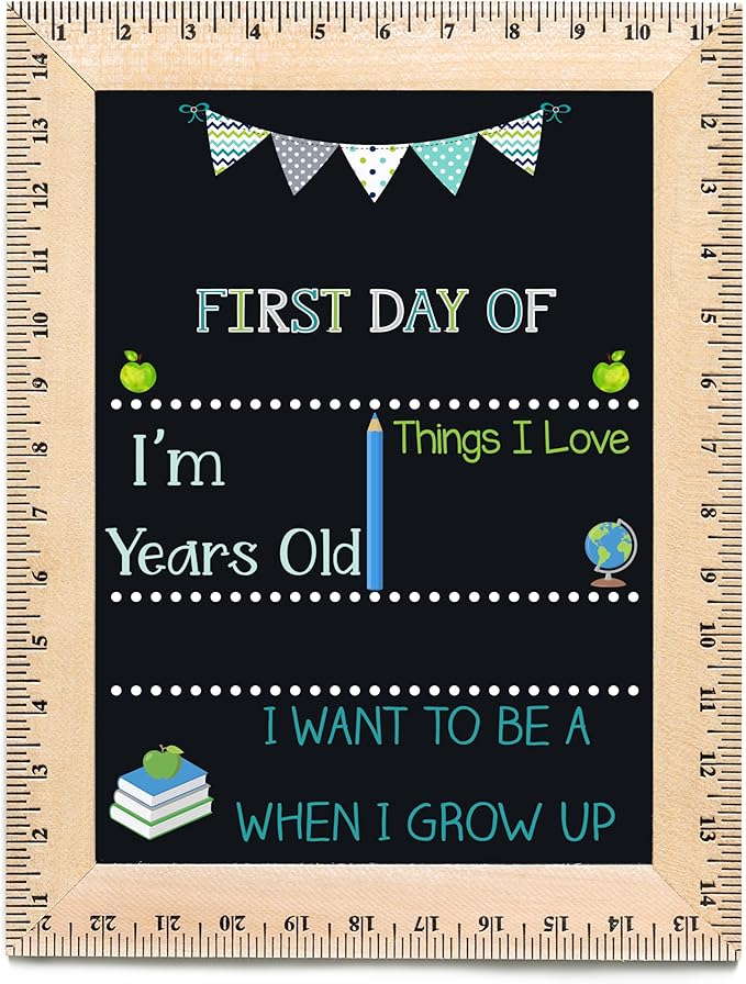 Bloom Owl First Day of School Chalkboard Sign - 11.5"x15" Reusable Back to School Photo Prop with Wooden Ruler Frame for Preschool, Kindergarten, and Beyond