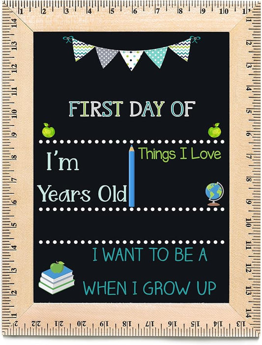 Bloom Owl First Day of School Chalkboard Sign - 11.5"x15" Reusable Back to School Photo Prop with Wooden Ruler Frame for Preschool, Kindergarten, and Beyond