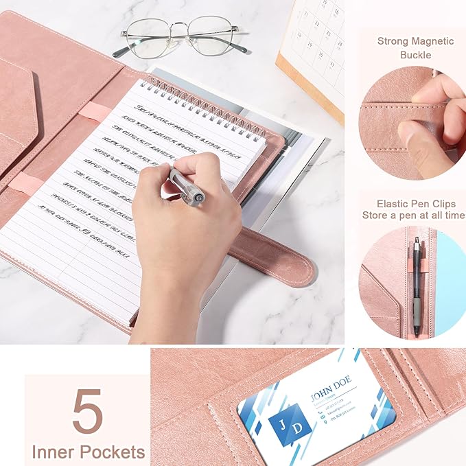 Steno Pad Holder PU Leather Cover 6x9 Steno Pad Cover Business Padfolio Organizer Compatible With 6x9 Steno Notebook Portfolio Pocket Organizer With Pen Loop for Business Office(Rose Gold)