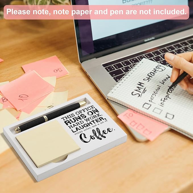 Funny Office Coffee Note Holder Organizer for Desk, White Wood Sticky Note Pad Tray with Quote, Gift for Coworker Boss Teacher Women Men, Work Desk Decor Accessories - FTB322