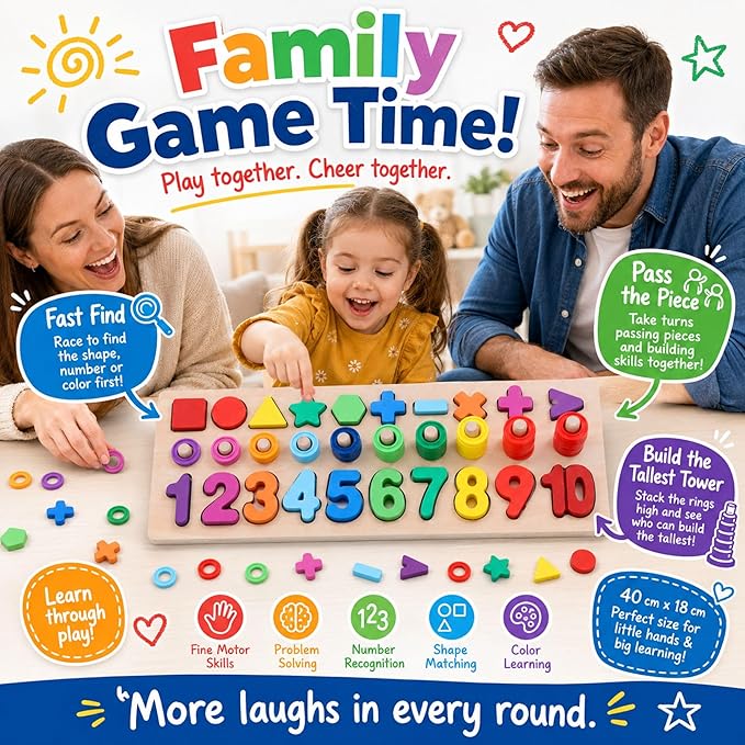 GeroCrew Wooden Montessori Toys for Kids Toddler Number Puzzles Sorter Counting Shape Stacker Stacking Game Preschool Toys for Boy Girl Learning Education Math Blocks Year Old Girl Gifts (Rainbow)