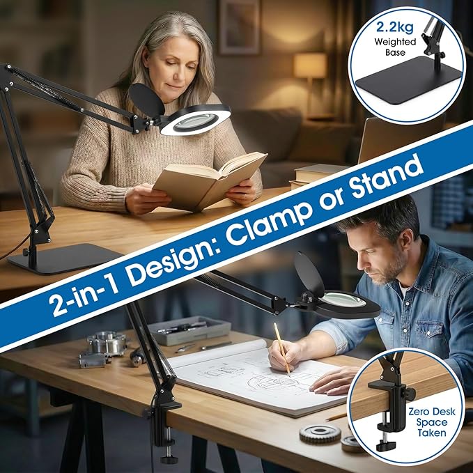 LIONVISON 10X Magnifying Glass with Light and Stand：27 Inch Extra Long Arm Magnifying Lamp, Stepless Dimmable & Color Temperature LED Lighted Magnifier, Clamp Magnifier for Reading Crafts Close Work