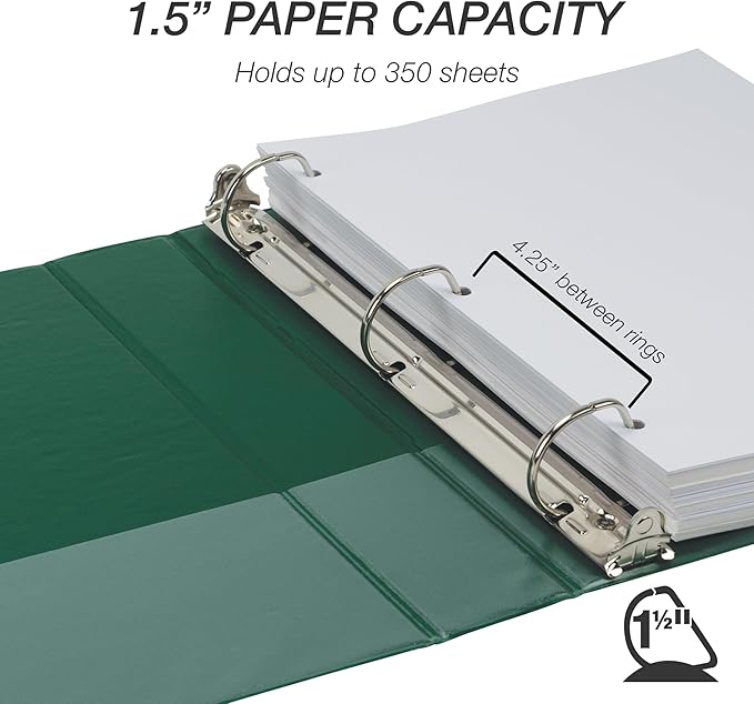 Samsill Durable 1.5 Inch Binder, D Ring Binder, Customizable Clear View Cover, Forest Green, Holds 350 Pages