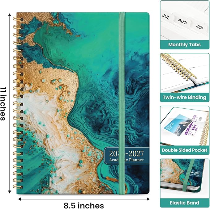 Planner 2026-2027, Academic Monthly and Weekly Calendar Planner for Women, July 2026 - June 2027, Hardcover Pretty Agenda Planner Book with Tabs, Spiral Daily Organizer for School Office Home Supplies, 8.5" x 11" - Emerald Shores