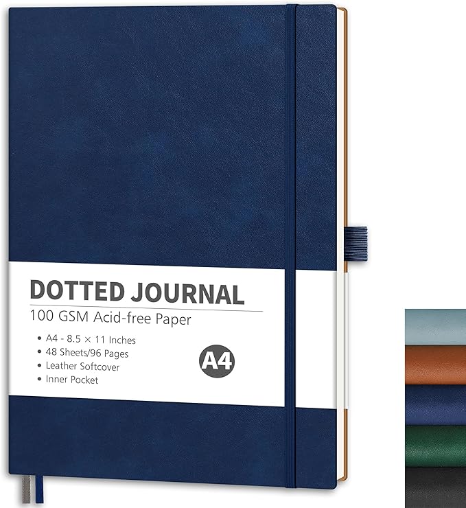 RETTACY Dotted Journal Notebook, 96 Pages, A4 Large Size (8.5'' x 11''), Leather Softcover, 100 GSM Thick Paper, for Journaling, Planning, Tracking (Navy Blue)