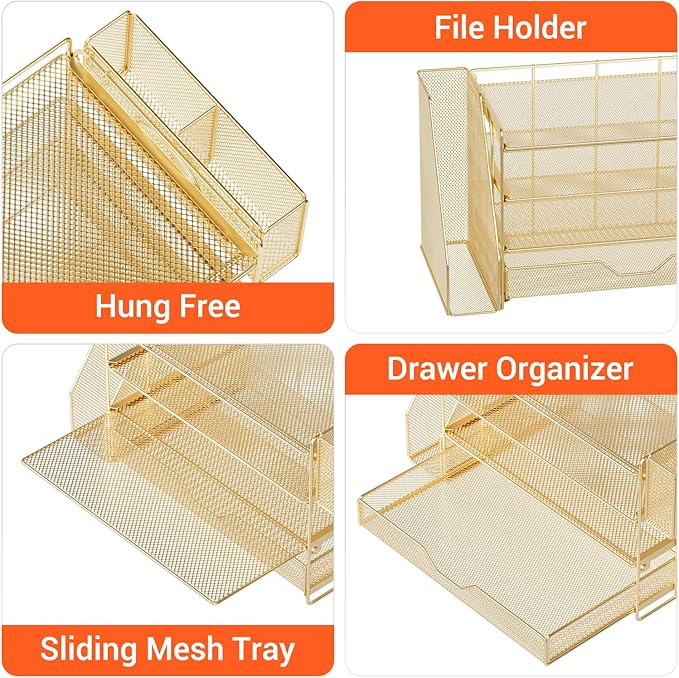 OPNICE Desk Organizers and Accessories, 4-Tier Office Desk Accessories & Workspace Organizers with Drawer and Pen Holder, Desktop Paper Tray File Organizer for Home Office Supplies, Gold