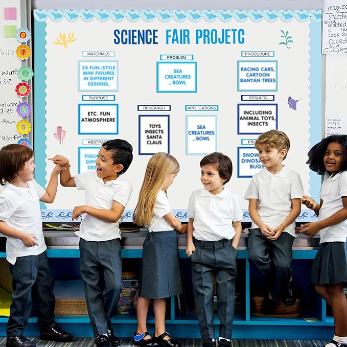 Sinload 92 Pcs Science Fair Board Supplies 60 Trim Scalloped Poster Boards 18 Presentation Subtitles 6 Project Titles 8 Letter Sticker for Classroom Display Boards (Blue,Ocean)