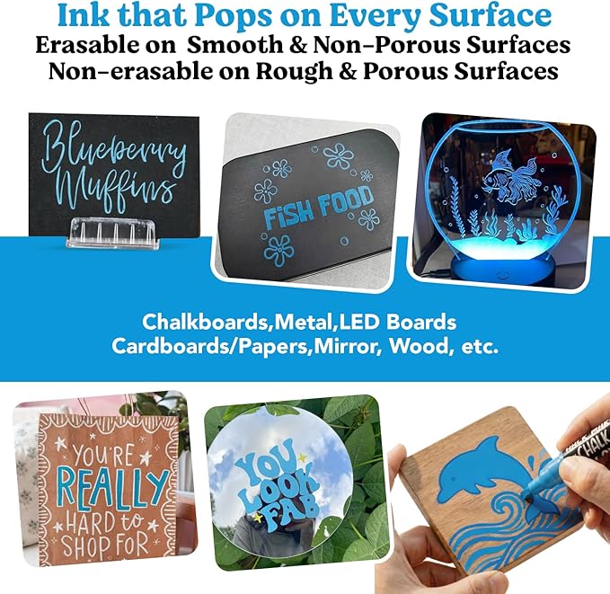 Chalkola 6 Blue Chalk Markers - Dual tip, Fine & Jumbo Tip (1mm, 3mm, 5mm, 15mm) | Erasable Liquid Chalk Pens for Blackboard, Chalkboard Signs, Car Window, Bistro, Glass | Washable Chalkboard Markers