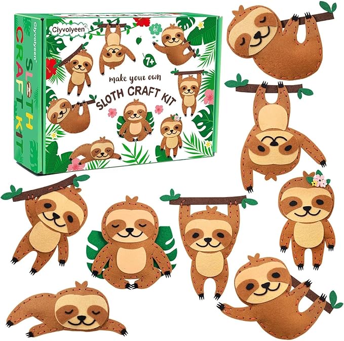 CiyvoLyeen Kids Sewing Kit Crafts – DIY Sloth & Jungle Animal Felt Crafts Sewing Set for Girls & Boys Ages 8–12 Learn to Sew 8 Cute Animal Projects