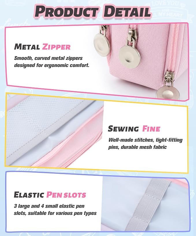 FAHZON Cute Pencil Case, 3 Large Compartments Pencil Pouch, Elastic Pen Slots&Mesh Pockets for Stationery, Pencil Bag for School Supplies with Zipper for Girls Boy Women Teens Adults-Pink