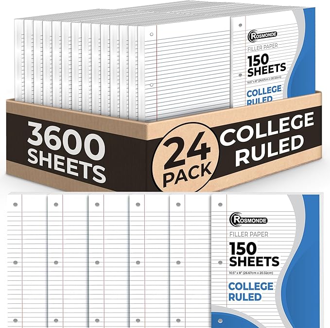 Rosmonde Loose Leaf Paper 3600 Sheets Bulk, 24 Pack, College Ruled Filler Paper, 8 x 10.5 Inch, 150 Sheets/Pack, 3 Hole Punched Notebook Paper, Binder Paper for School, Classroom & Office Use, White