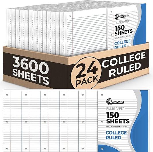 Rosmonde Loose Leaf Paper 3600 Sheets Bulk, 24 Pack, College Ruled Filler Paper, 8 x 10.5 Inch, 150 Sheets/Pack, 3 Hole Punched Notebook Paper, Binder Paper for School, Classroom & Office Use, White