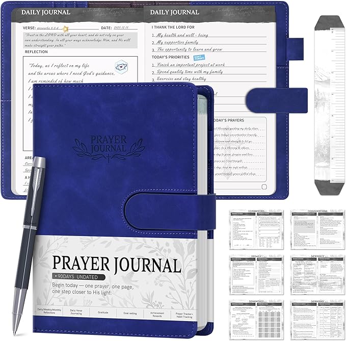 Ospelelf Blue Christian Bible Journal for Men, Faux Leather Daily Gratitude Prayer Journal for Women, Undated 3 Month Church Planner Notebooks for Note Taking