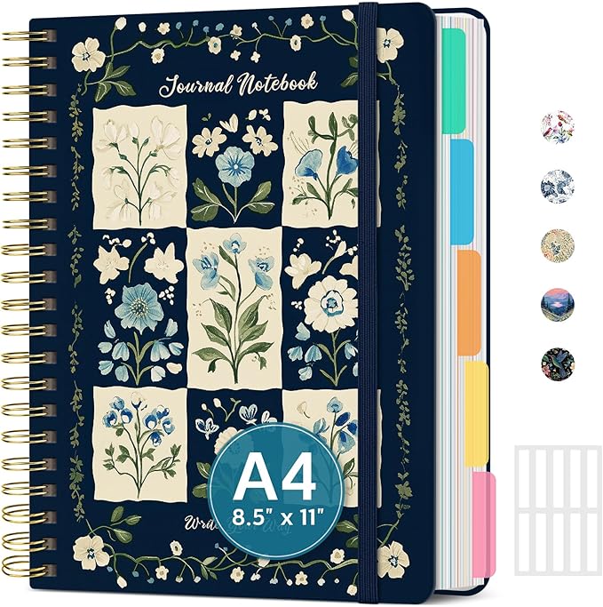 Large Lined Spiral Journal for Women Cute Hardcover 5 Subject Notebook for Work 8.5" x 11" with Removable Dividers & Tabs, College Ruled, 280 Pages Aesthetic Journal for Work, School & Note Taking, Blue Patchwork
