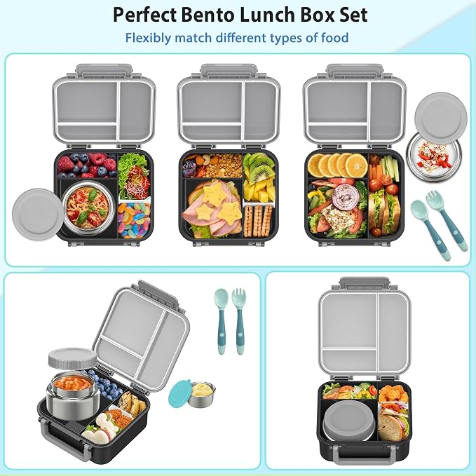 Kids Bento Lunch Box with 9oz Soup Thermo Leakproof Lunch Food Containers 4 Compartment with Insulated Hot Food Jar for Kid Toddler Girls Boys to School, Trvael